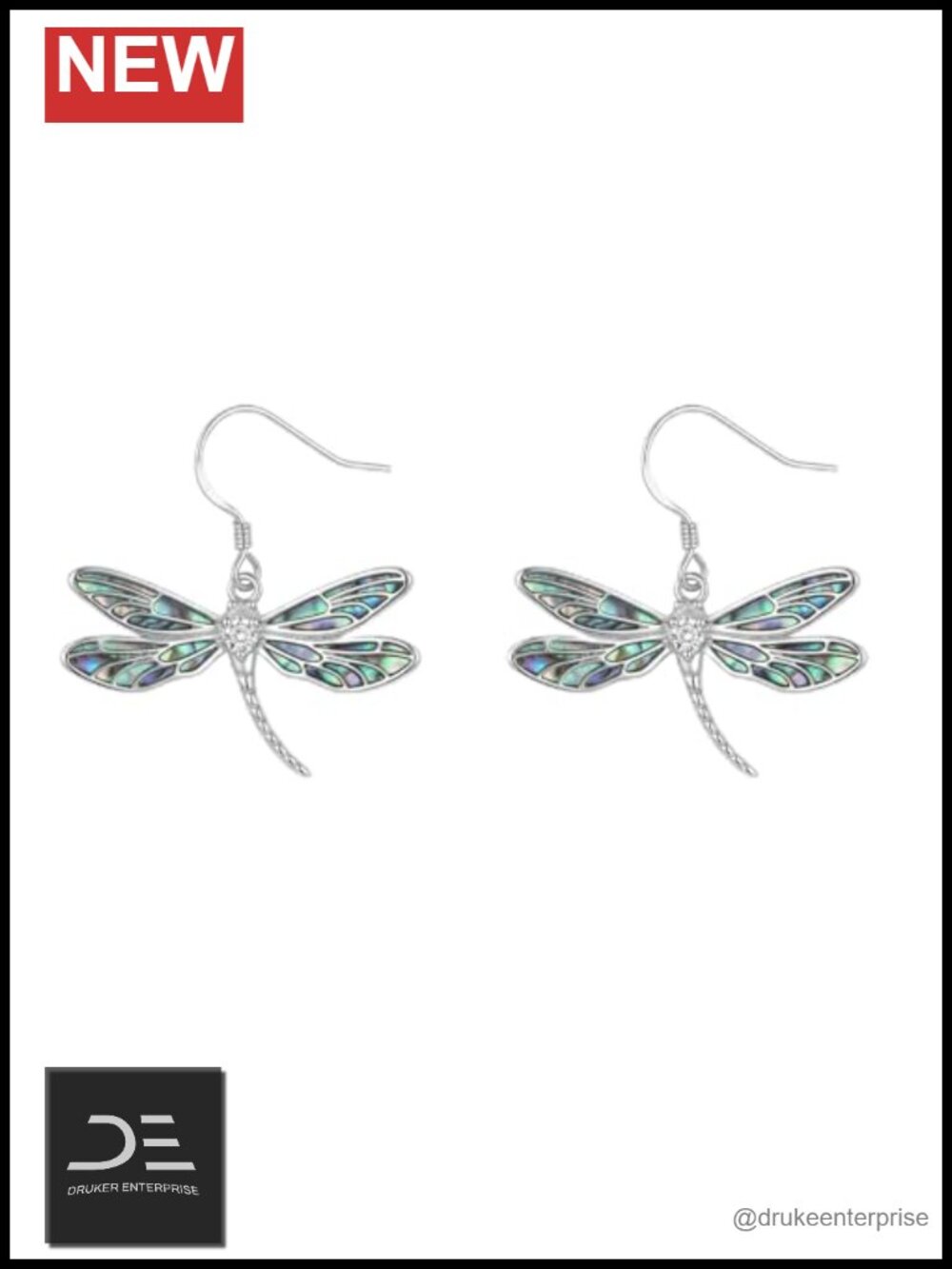 Sterling Silver Dragonfly Dangle Earrings Abalone Shell Lab Grown Diamond